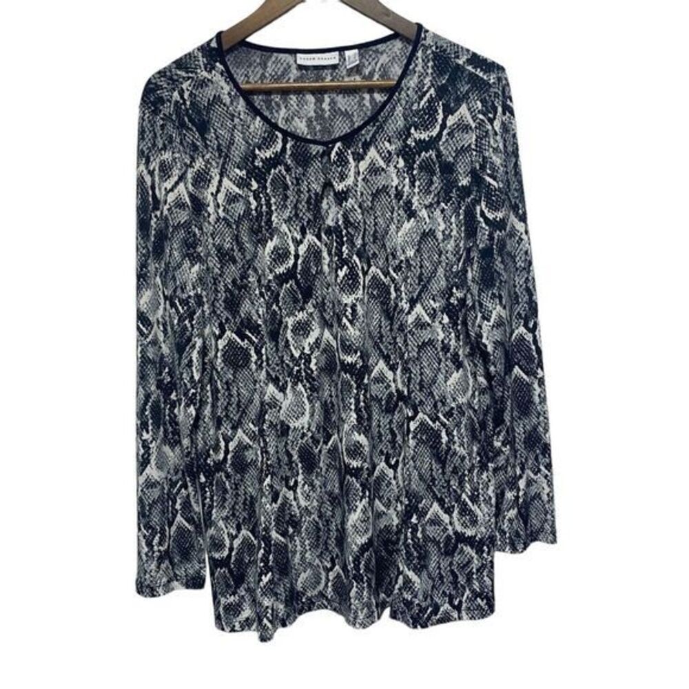 Susan Graver Tunic Womens L Black Snakeskin Long Sleeve Stretch Pullover Relaxed
